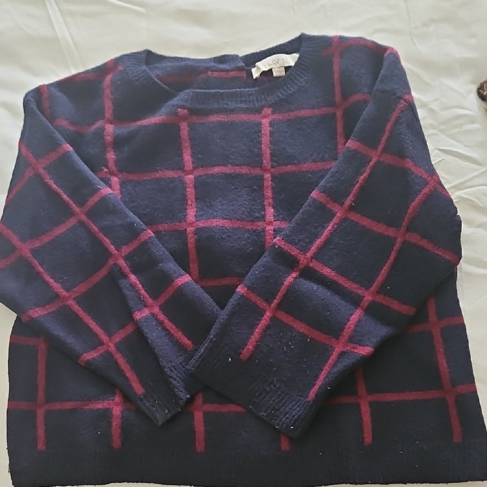 LOFT Oversized Cropped Navy and Burgundy Sweater